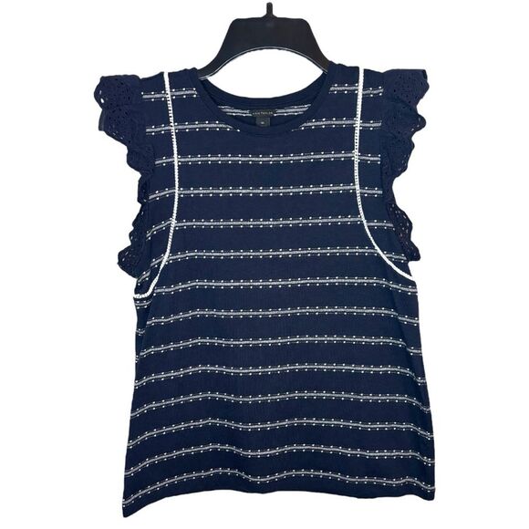 Ann Taylor Navy and White Striped Ruffled Cap Sleeve Top Size XS - Picture 1 of 5